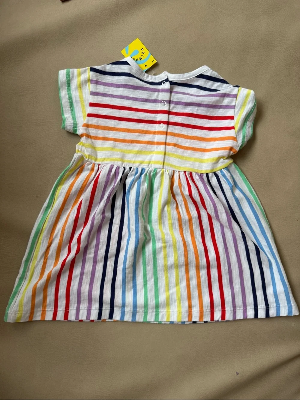 Primary Girls White Dress with Rainbow Stripes
